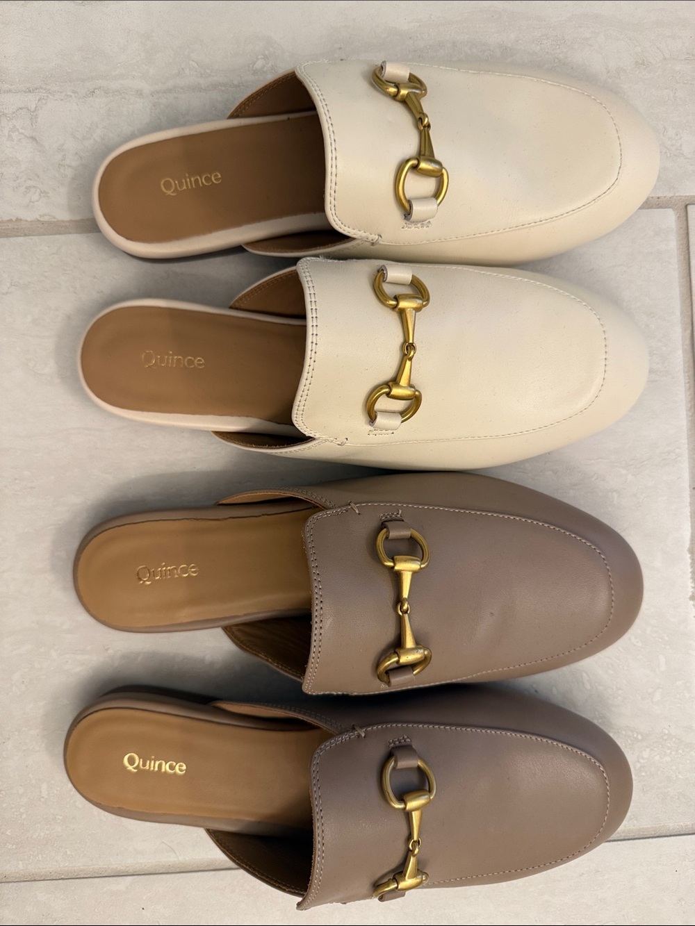 Quince Slip-On Horsebit Mules in Cream and Taupe